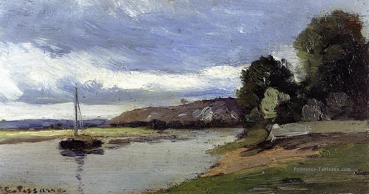 bords d’une rivière avec barge Camille Pissarro Peintures à l'huile